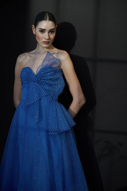 Dusty Blue Organza A Line Strapless Sweetheart Neck Bow Detail Polka Dot Floor Length Formal Evening Prom Dress