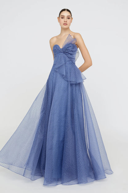 Dusty Blue Organza A Line Strapless Sweetheart Neck Bow Detail Polka Dot Floor Length Formal Evening Prom Dress