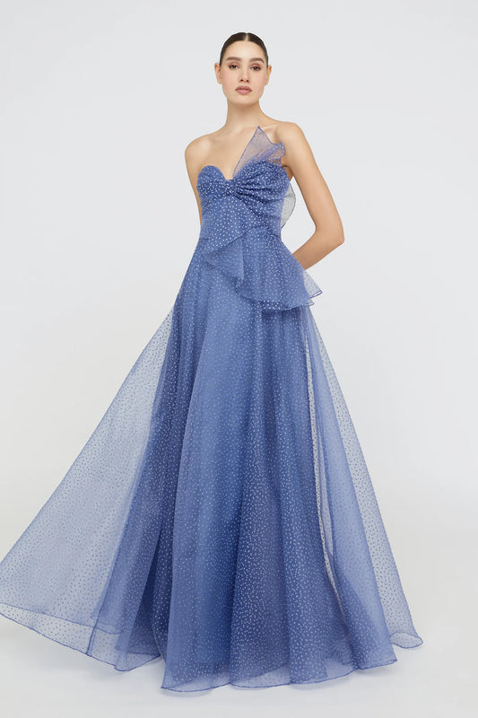 Dusty Blue Organza A Line Strapless Sweetheart Neck Bow Detail Polka Dot Floor Length Formal Evening Prom Dress