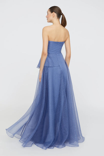 Dusty Blue Organza A Line Strapless Sweetheart Neck Bow Detail Polka Dot Floor Length Formal Evening Prom Dress