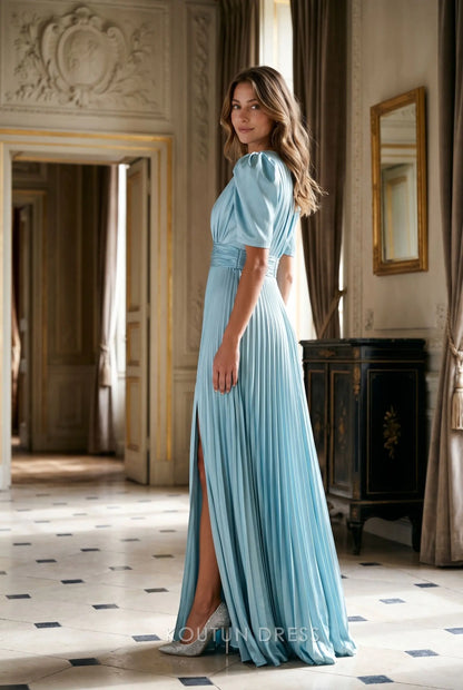 Dusty Blue Satin Pleated Puff Short Sleeve Keyhole Front Low Back High Slit A Line Maxi Prom Dress