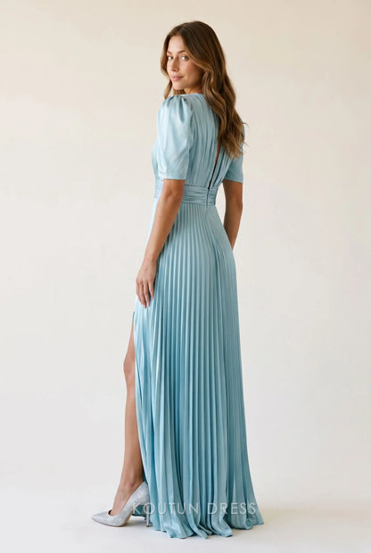 Dusty Blue Satin Pleated Puff Short Sleeve Keyhole Front Low Back High Slit A Line Maxi Prom Dress