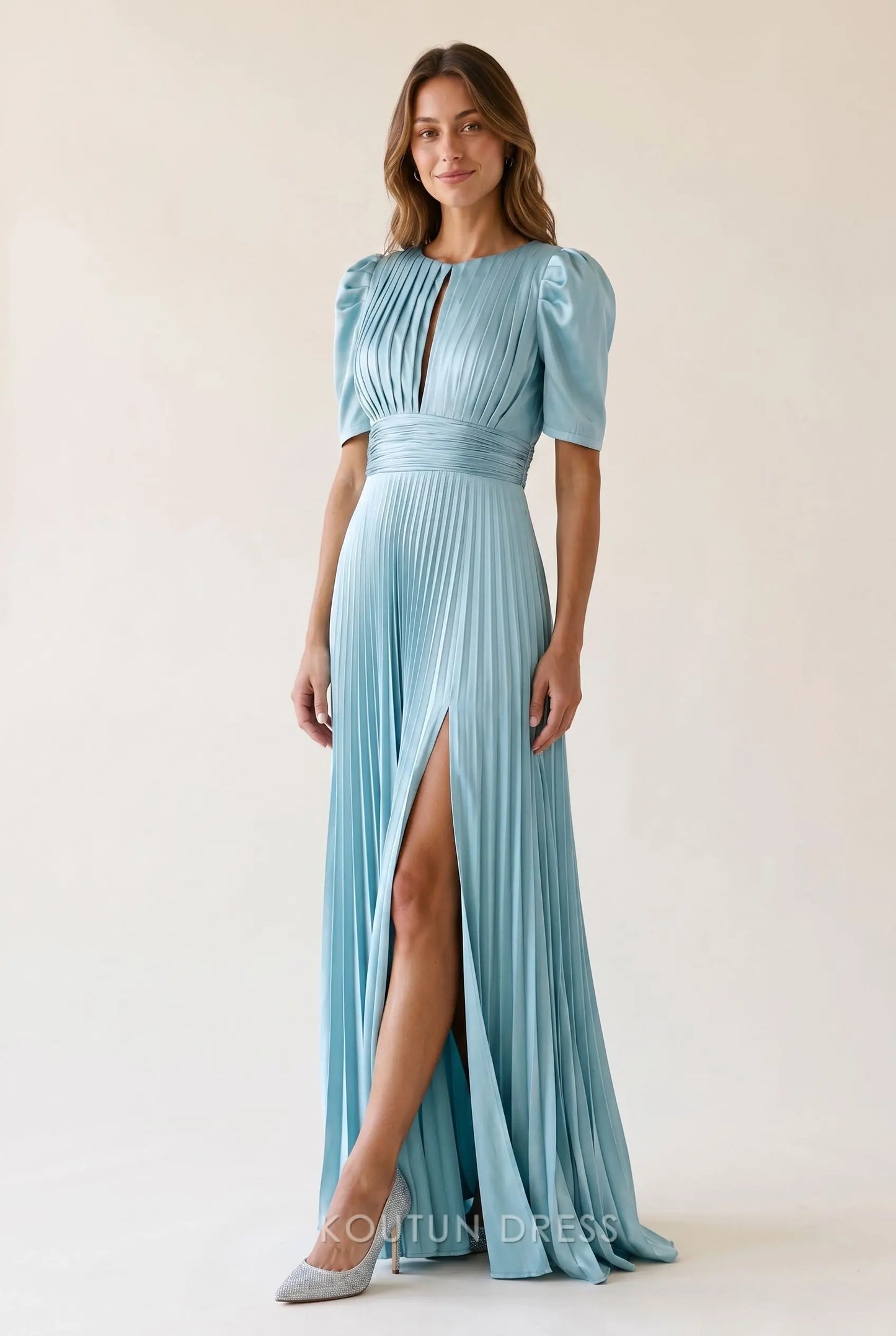 Dusty Blue Satin Pleated Puff Short Sleeve Keyhole Front Low Back High Slit A Line Maxi Prom Dress