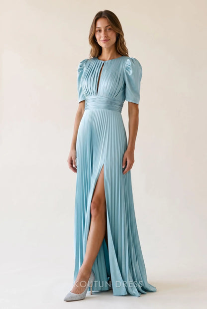 Dusty Blue Satin Pleated Puff Short Sleeve Keyhole Front Low Back High Slit A Line Maxi Prom Dress