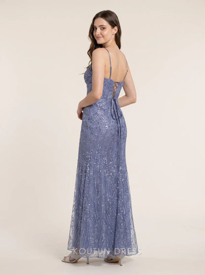 Dusty Blue Spaghetti Strap V Notch Beaded Sequin Corset Lace Up Back Mesh Mermaid Floor Length Formal Evening Prom Dress