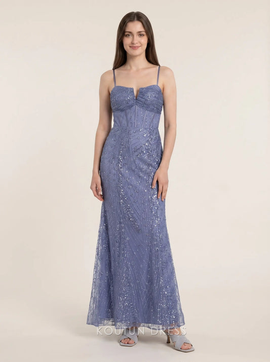 Dusty Blue Spaghetti Strap V Notch Beaded Sequin Corset Lace Up Back Mesh Mermaid Floor Length Formal Evening Prom Dress