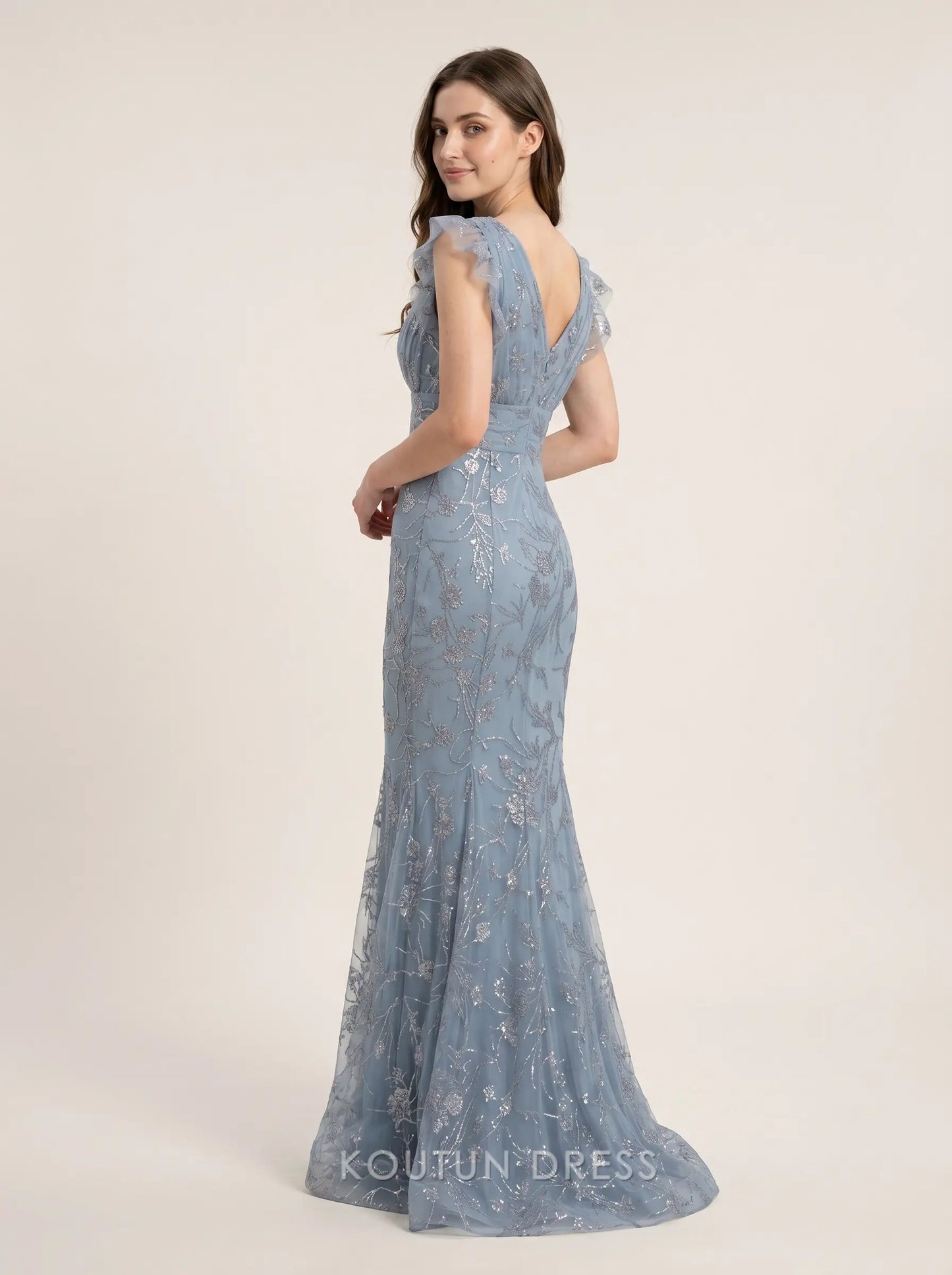 Dusty Blue V Neck Flutter Sleeve Sequin Floral Embroidery Tulle Mermaid Floor Length Formal Evening Prom Dress