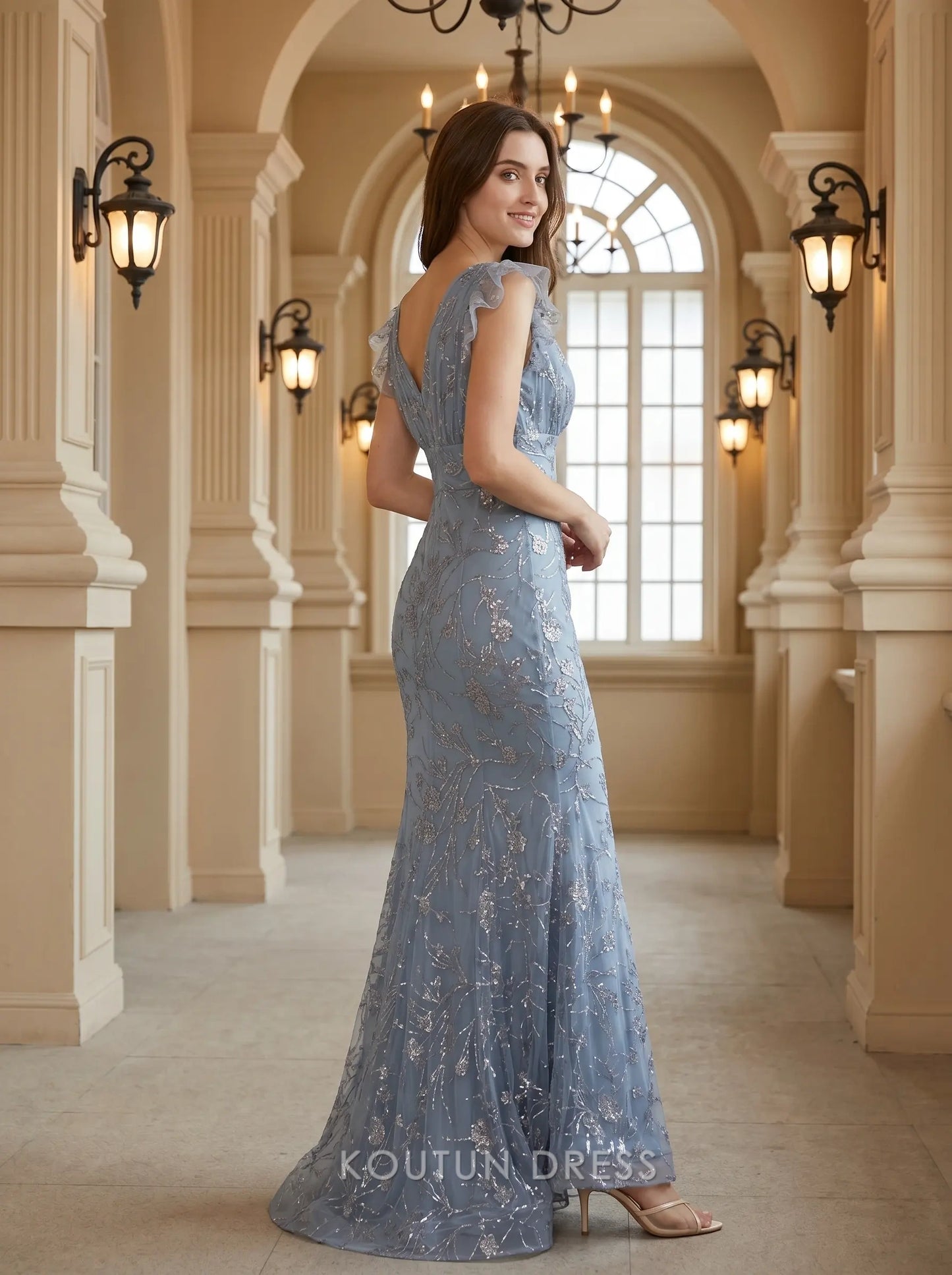 Dusty Blue V Neck Flutter Sleeve Sequin Floral Embroidery Tulle Mermaid Floor Length Formal Evening Prom Dress