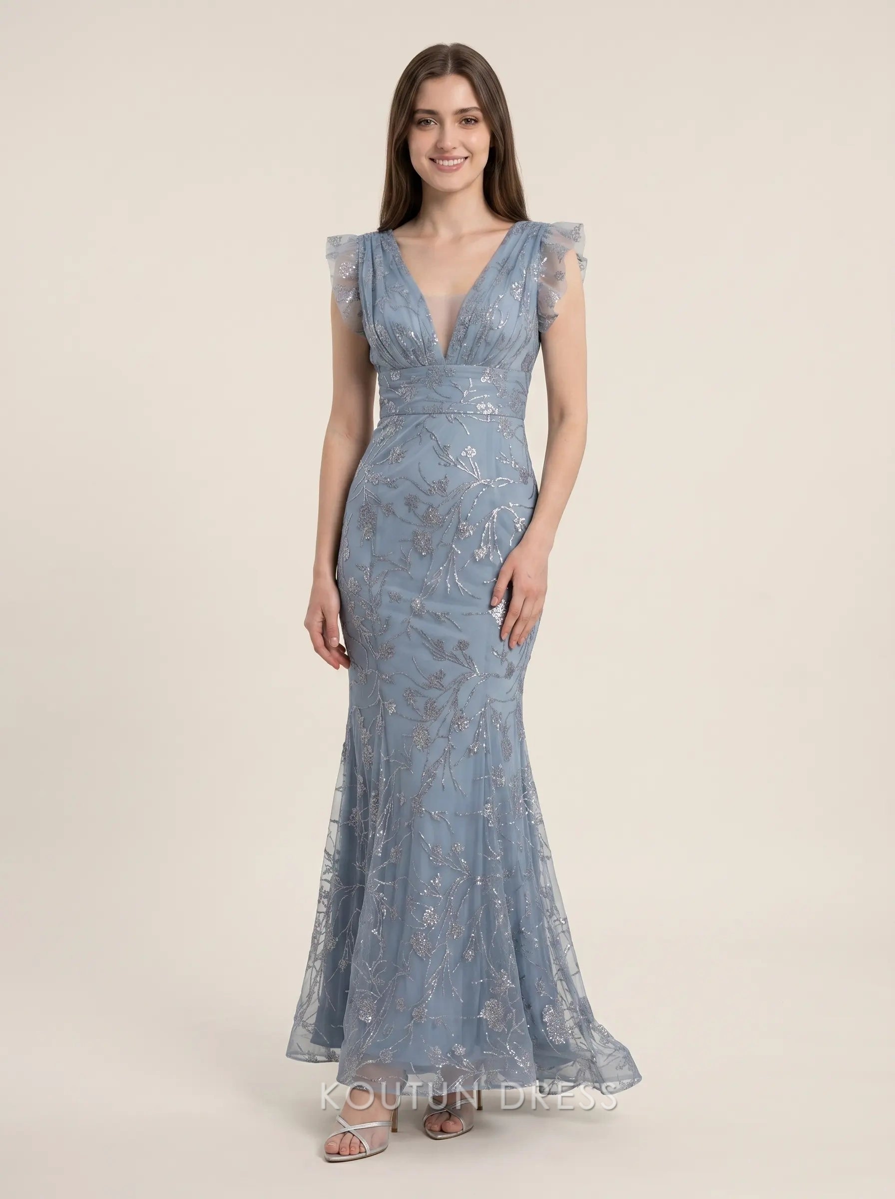 Dusty Blue V Neck Flutter Sleeve Sequin Floral Embroidery Tulle Mermai – Koutun Dress