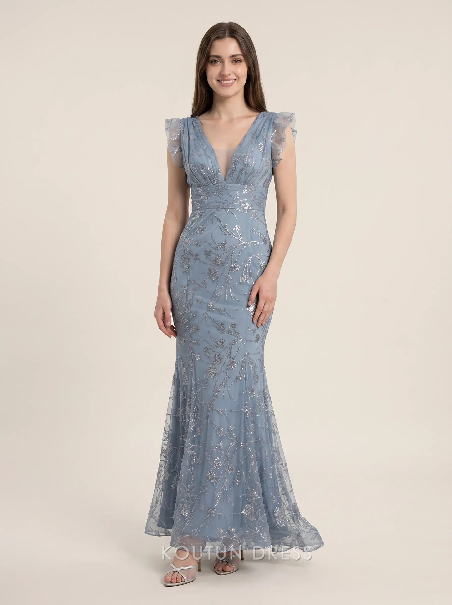 Dusty Blue V Neck Flutter Sleeve Sequin Floral Embroidery Tulle Mermaid Floor Length Formal Evening Prom Dress