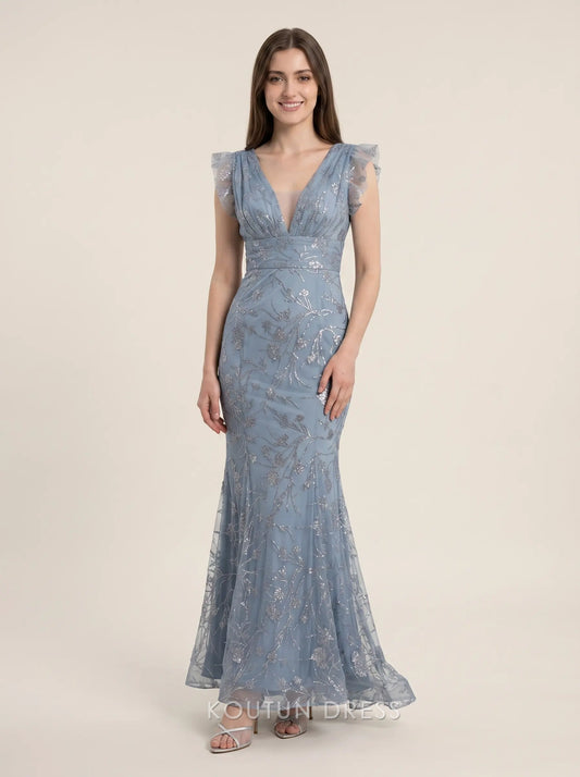 Dusty Blue V Neck Flutter Sleeve Sequin Floral Embroidery Tulle Mermaid Floor Length Formal Evening Prom Dress