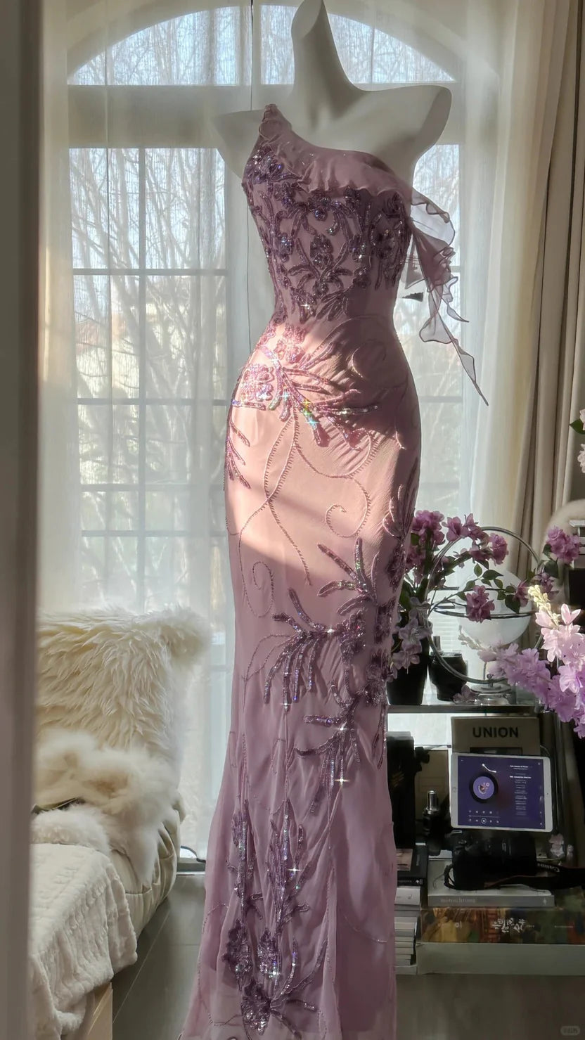 Dusty Lavender One Shoulder Prom Dress With Sequin Floral Embroidery Ruffle Detail And Sheath Silhouette Formal Prom Dress