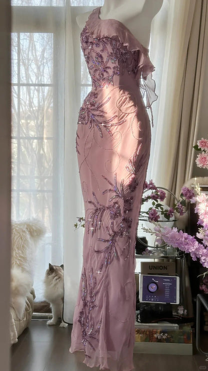 Dusty Lavender One Shoulder Prom Dress With Sequin Floral Embroidery Ruffle Detail And Sheath Silhouette Formal Prom Dress