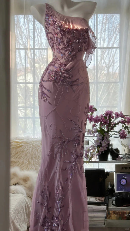 Dusty Lavender One Shoulder Prom Dress With Sequin Floral Embroidery Ruffle Detail And Sheath Silhouette Formal Prom Dress