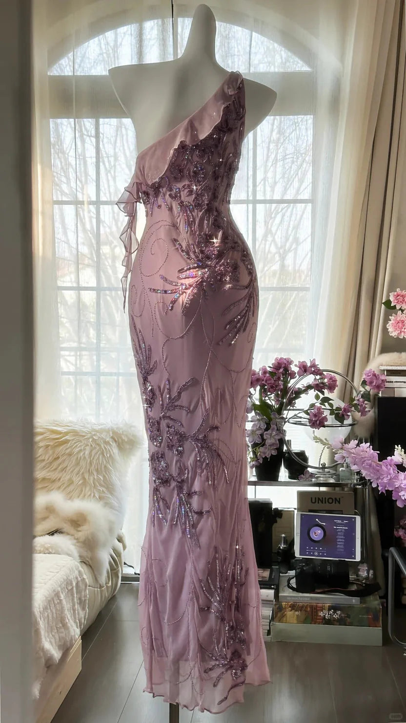 Dusty Lavender One Shoulder Prom Dress With Sequin Floral Embroidery Ruffle Detail And Sheath Silhouette Formal Prom Dress