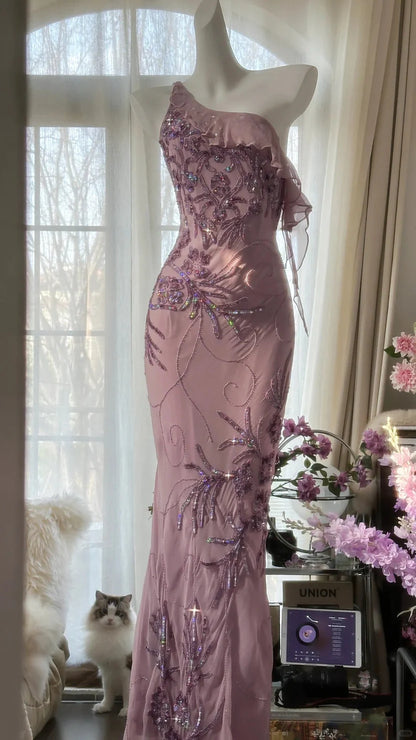 Dusty Lavender One Shoulder Prom Dress With Sequin Floral Embroidery Ruffle Detail And Sheath Silhouette Formal Prom Dress