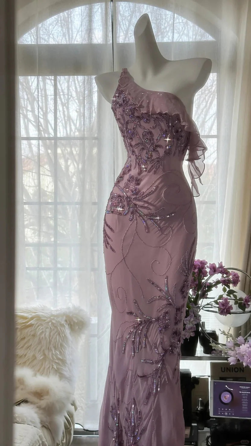 Dusty Lavender One Shoulder Prom Dress With Sequin Floral Embroidery Ruffle Detail And Sheath Silhouette Formal Prom Dress
