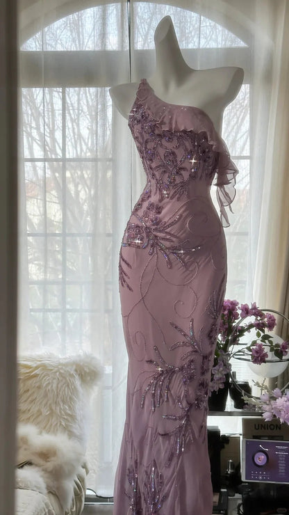 Dusty Lavender One Shoulder Prom Dress With Sequin Floral Embroidery Ruffle Detail And Sheath Silhouette Formal Prom Dress