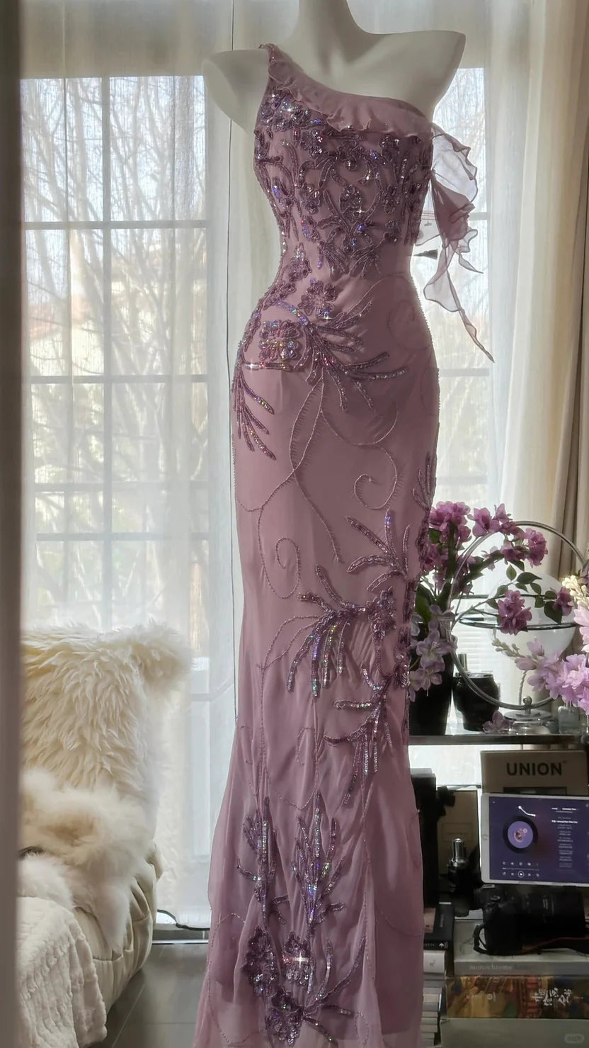 Dusty Lavender One Shoulder Prom Dress With Sequin Floral Embroidery Ruffle Detail And Sheath Silhouette Formal Prom Dress