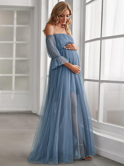 Sheer Off-Shoulder Double Skirt Maxi Maternity Dress
