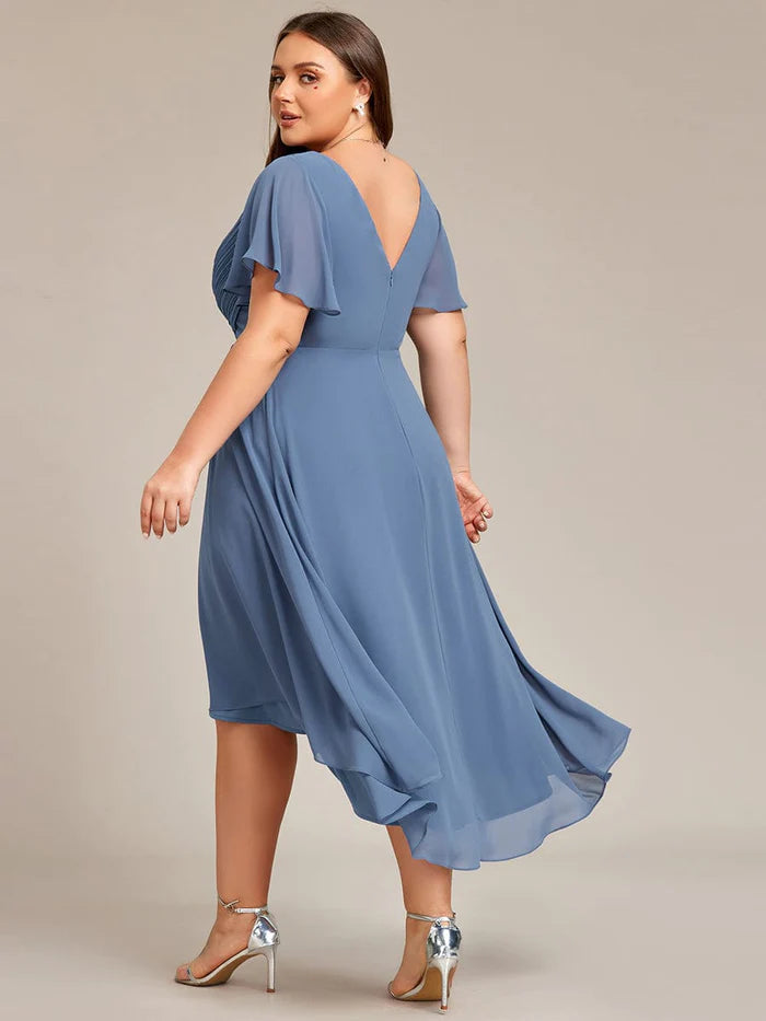 Plus Size Double V-Neck Ruffles Sleeve Chiffon Midi Wedding Guest Dress