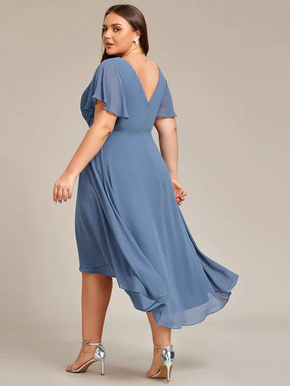 Plus Size Double V-Neck Ruffles Sleeve Chiffon Midi Wedding Guest Dress