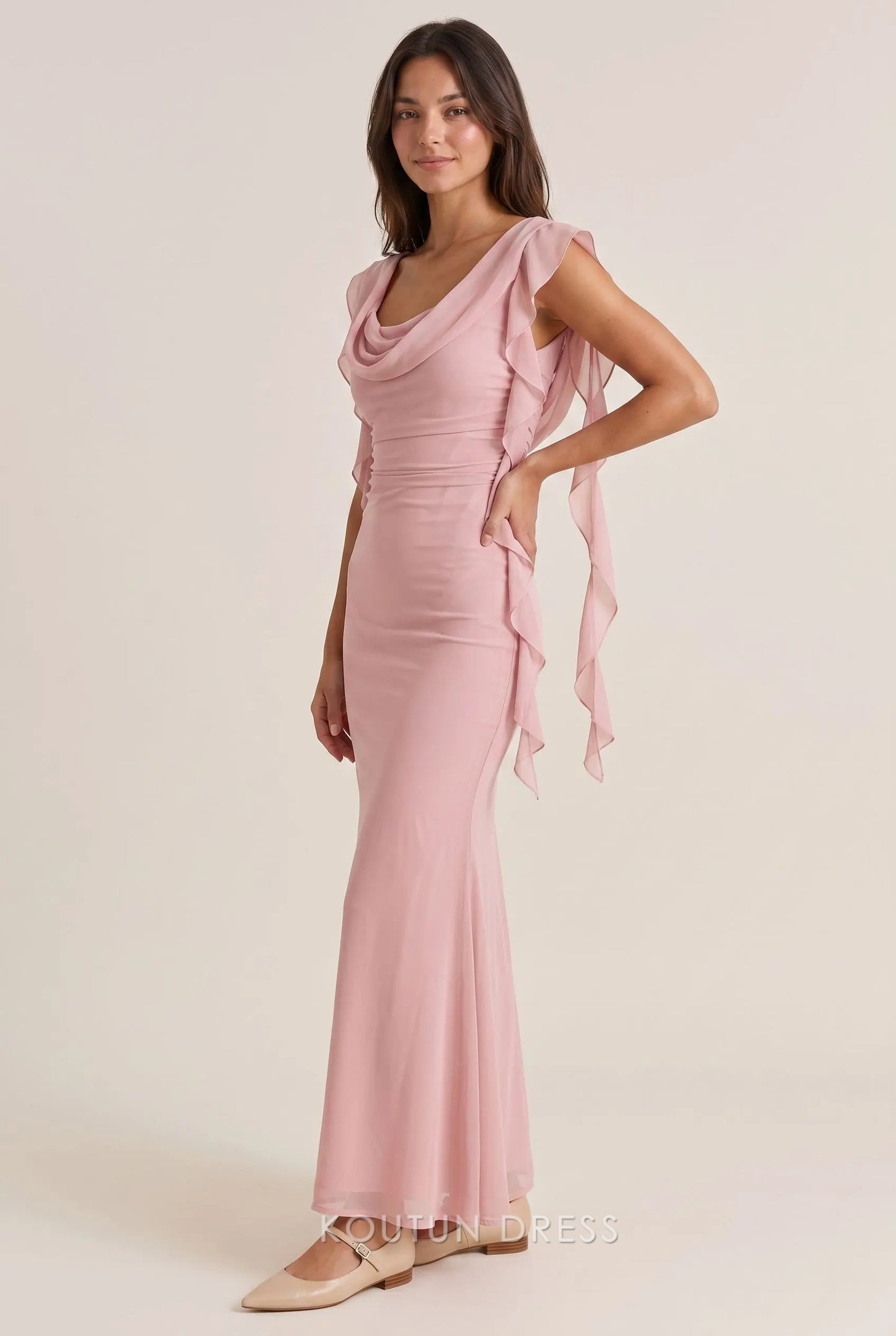 Dusty Pink Chiffon Mermaid Cowl Neck Ruffle Cap Sleeve Open Back Floor Length Formal Evening Prom Dress