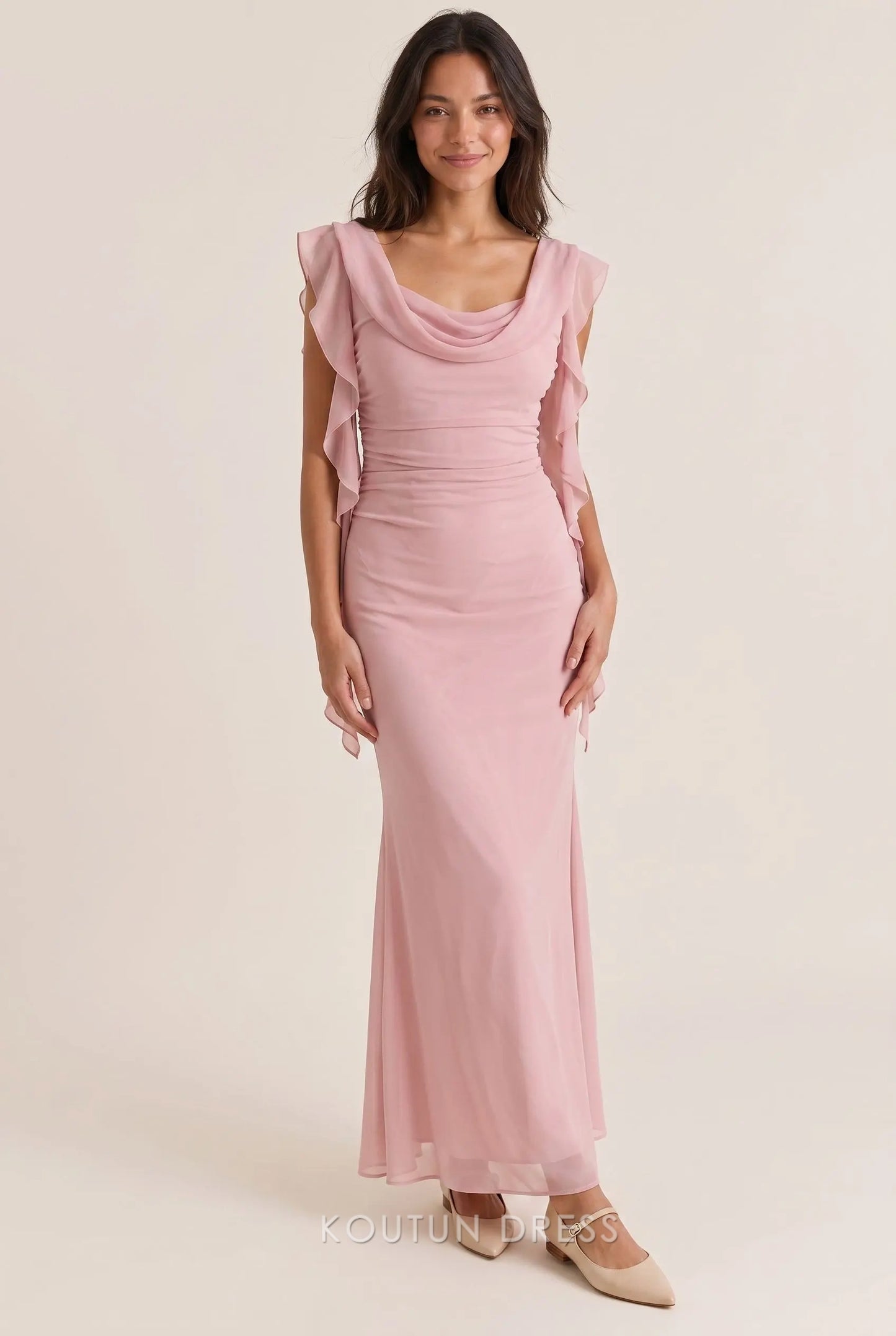 Dusty Pink Chiffon Mermaid Cowl Neck Ruffle Cap Sleeve Open Back Floor Length Formal Evening Prom Dress