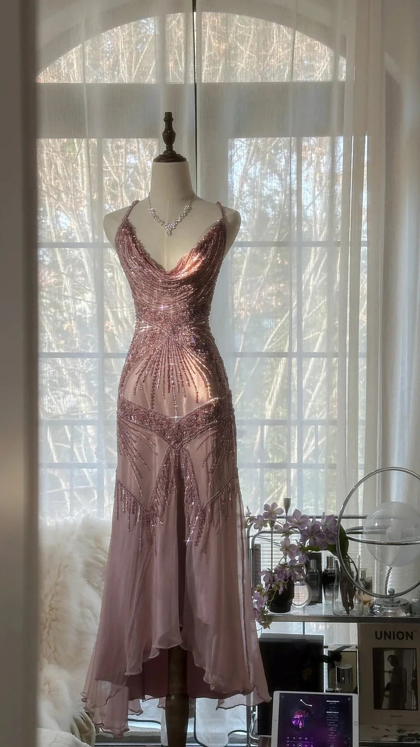 Dusty Pink Spaghetti Strap Prom Dress With Art Deco Beading Cowl Neckline And Open Back Midi Formal Prom Dress