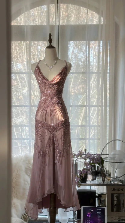 Dusty Pink Spaghetti Strap Prom Dress With Art Deco Beading Cowl Neckline And Open Back Midi Formal Prom Dress