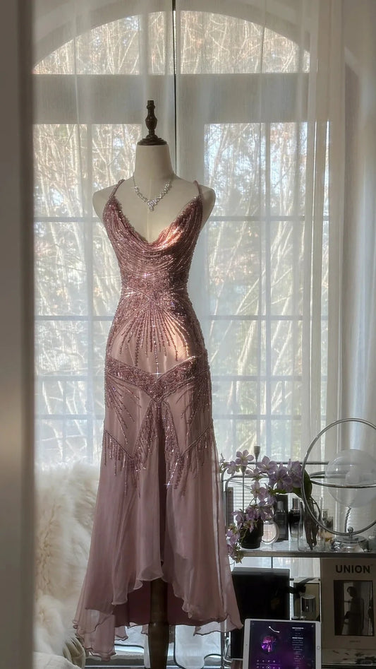 Dusty Pink Spaghetti Strap Prom Dress With Art Deco Beading Cowl Neckline And Open Back Midi Formal Prom Dress