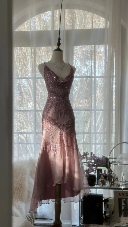 Dusty Pink Spaghetti Strap Prom Dress With Art Deco Beading Cowl Neckline And Open Back Midi Formal Prom Dress