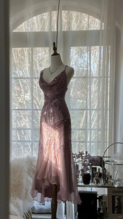 Dusty Pink Spaghetti Strap Prom Dress With Art Deco Beading Cowl Neckline And Open Back Midi Formal Prom Dress