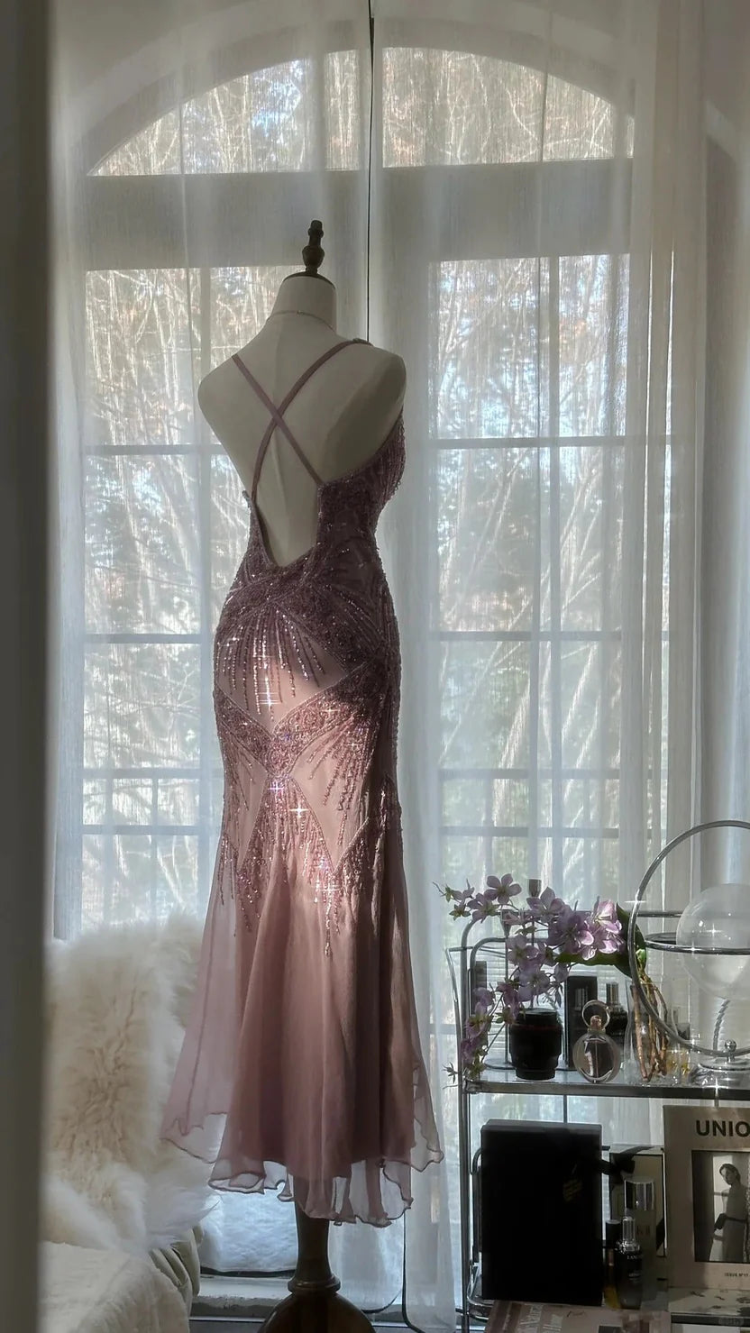 Dusty Pink Spaghetti Strap Prom Dress With Art Deco Beading Cowl Neckline And Open Back Midi Formal Prom Dress