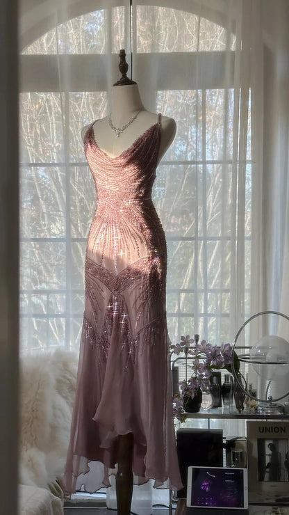 Dusty Pink Spaghetti Strap Prom Dress With Art Deco Beading Cowl Neckline And Open Back Midi Formal Prom Dress