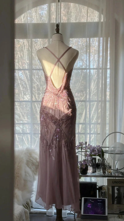 Dusty Pink Spaghetti Strap Prom Dress With Art Deco Beading Cowl Neckline And Open Back Midi Formal Prom Dress