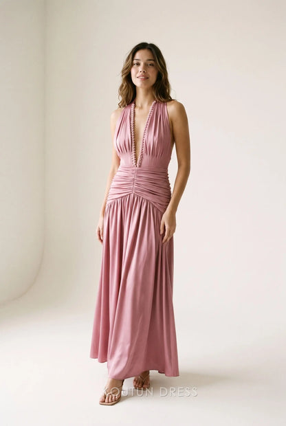 Dusty Rose Halter Neck Deep V Neck Beaded Trim Ruched Waist A Line Maxi Prom Dress