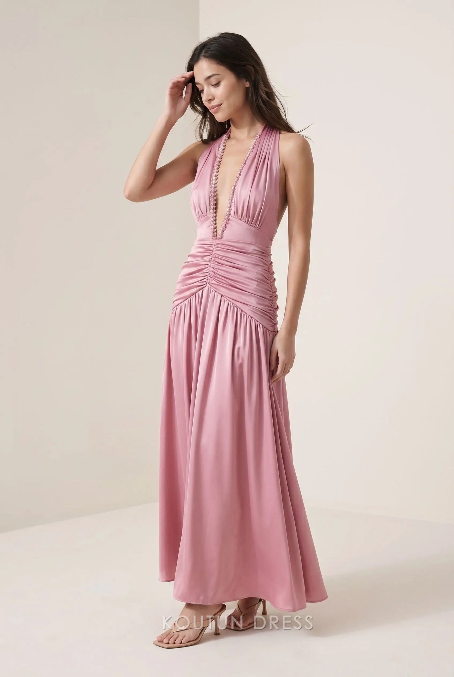Dusty Rose Halter Neck Deep V Neck Beaded Trim Ruched Waist A Line Maxi Prom Dress