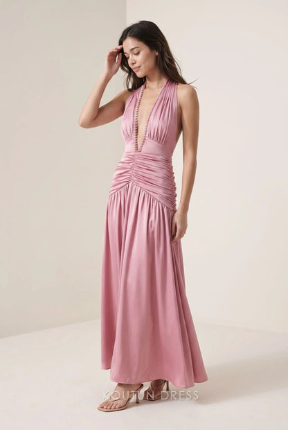 Dusty Rose Halter Neck Deep V Neck Beaded Trim Ruched Waist A Line Maxi Prom Dress