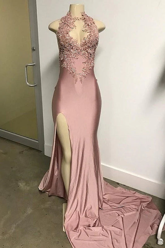Dusty Rose Halter Neck Prom Dress With Keyhole Cutout Floral Lace Applique And High Slit Mermaid Formal Prom Dress