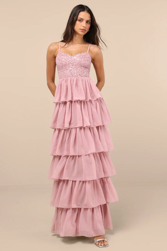 Dusty Rose Sequin Bodice Tiered Ruffle Maxi Prom Dress