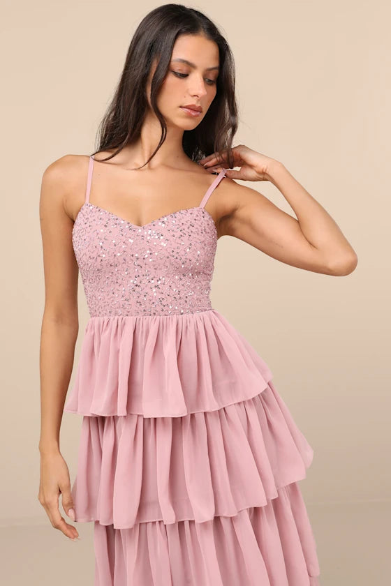 Dusty Rose Sequin Bodice Tiered Ruffle Maxi Prom Dress
