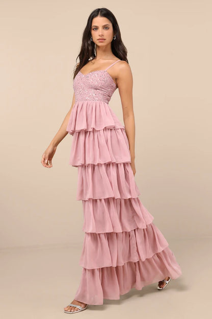 Dusty Rose Sequin Bodice Tiered Ruffle Maxi Prom Dress