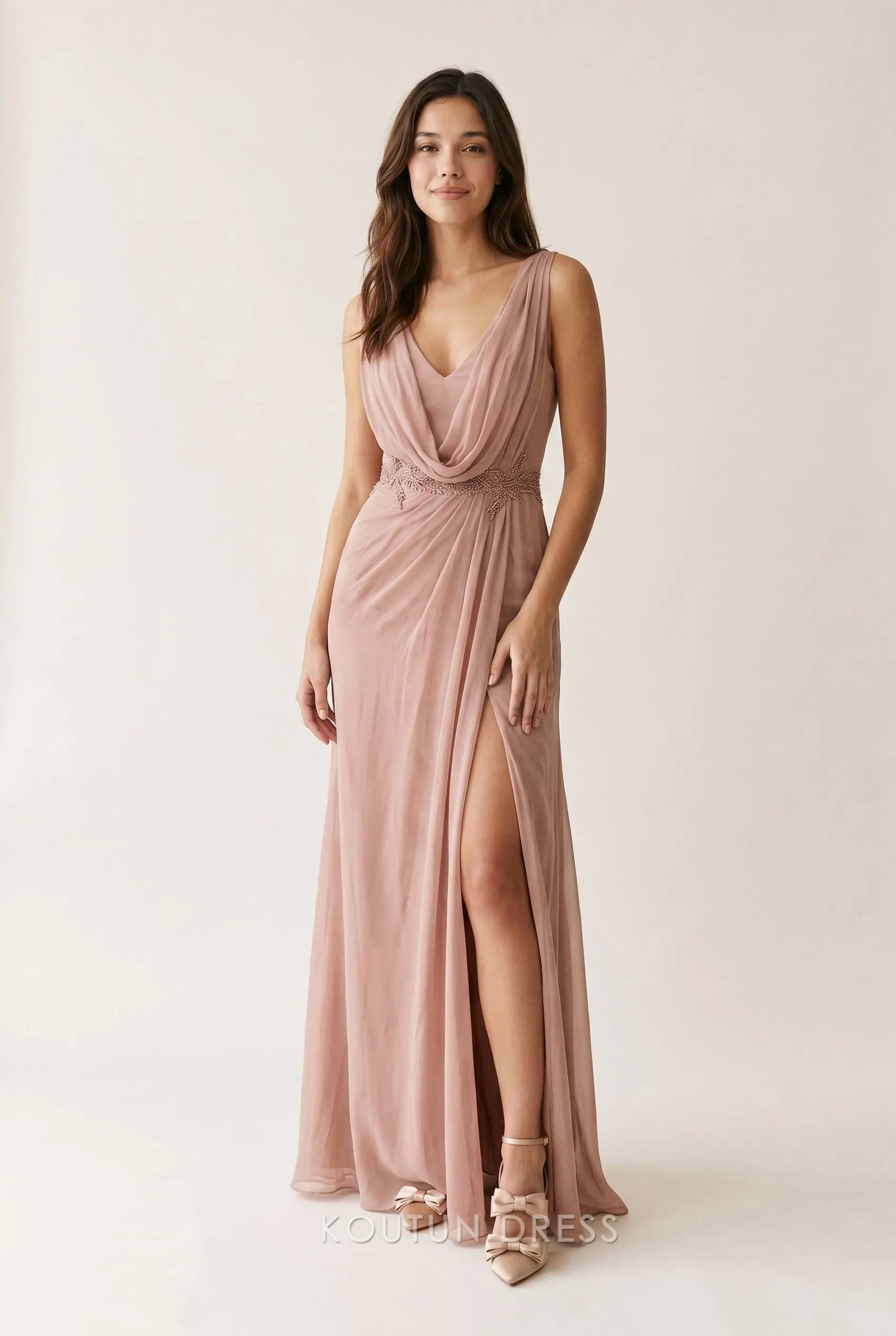 Dusty Rose Sleeveless V Neck Draped Bodice Beaded Waist High Slit Chiffon A Line Floor Length Prom Dress
