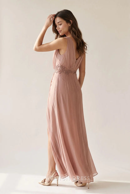 Dusty Rose Sleeveless V Neck Draped Bodice Beaded Waist High Slit Chiffon A Line Floor Length Prom Dress