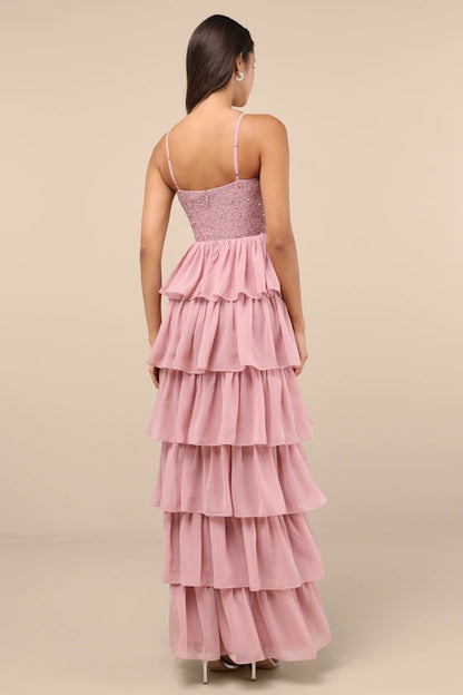 Dusty Rose Spaghetti Strap Prom Dress With Sequin Sweetheart Bodice And Ruffle Tiered Chiffon Formal Prom Dress