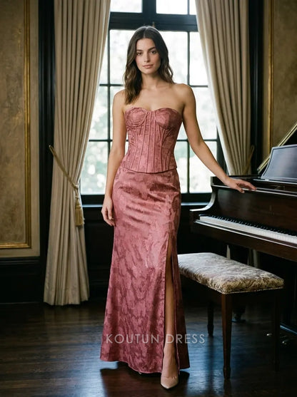 Dusty Rose Strapless Sweetheart Jacquard Floral Corset Lace-Up Back Formal Evening Prom Dress With Slit