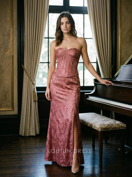 Dusty Rose Strapless Sweetheart Jacquard Floral Corset Lace-Up Back Formal Evening Prom Dress With Slit