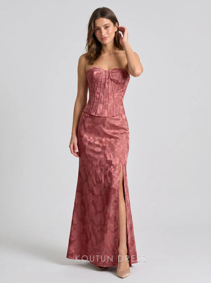 Dusty Rose Strapless Sweetheart Jacquard Floral Corset Lace-Up Back Formal Evening Prom Dress With Slit