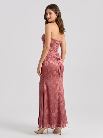 Dusty Rose Strapless Sweetheart Jacquard Floral Corset Lace-Up Back Formal Evening Prom Dress With Slit